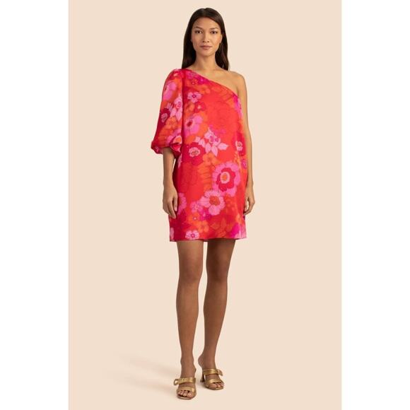 Trina Turk Red/Pink Floral Print One Shoulder Dress Women's Sz 14 100% Polyester - Picture 1 of 9